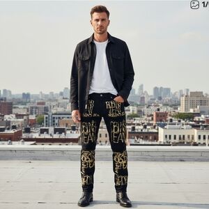 Robin’s Jean Graffiti Gold Foil Branding distressed Black Jeans size 40